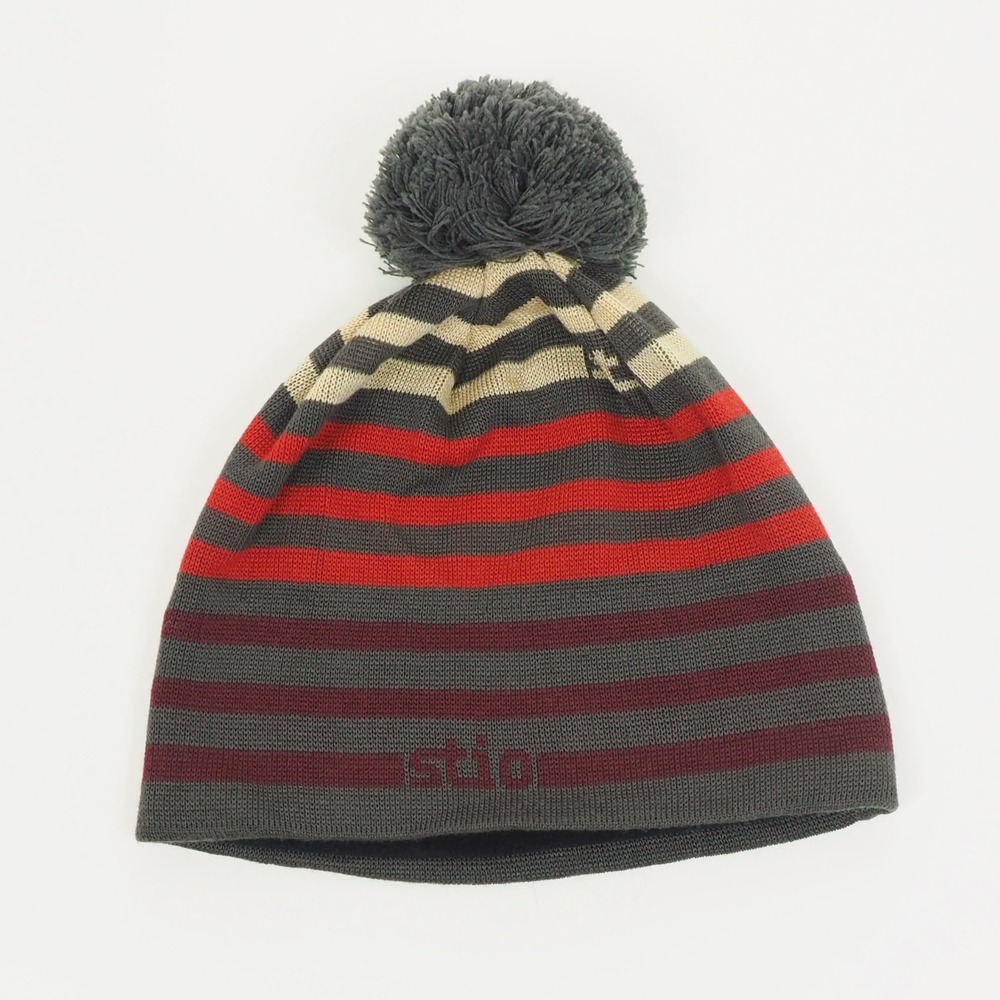 Stio Skull Knit Cap Pom Beanie Hat One Size OSFM Gray Striped Outdoor Work Tech